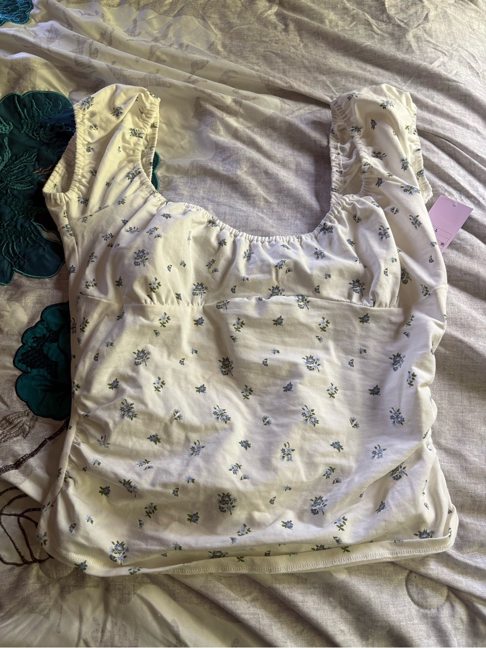 Target White Crop Top with Small Blue Floral Print